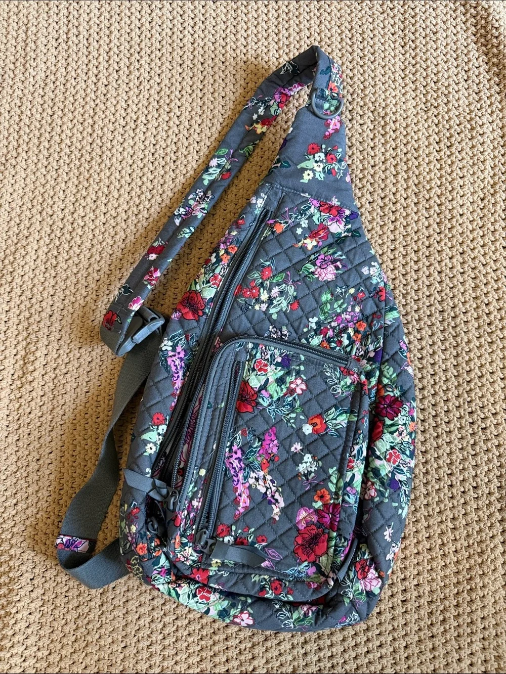 Vera Bradley Gray Quilted Floral Sling Backpack with Pink & Red Accents NWOT